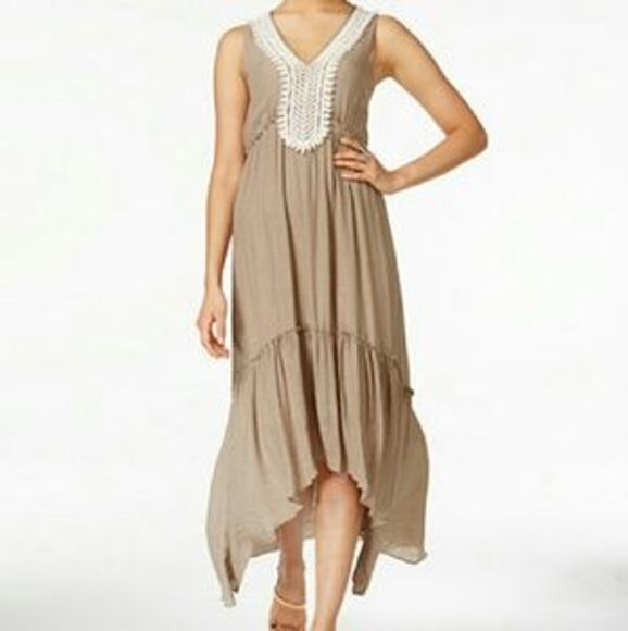 Dresses & Skirts - Crochet Tiered Dress Bohemian-Chic Tan White Lace